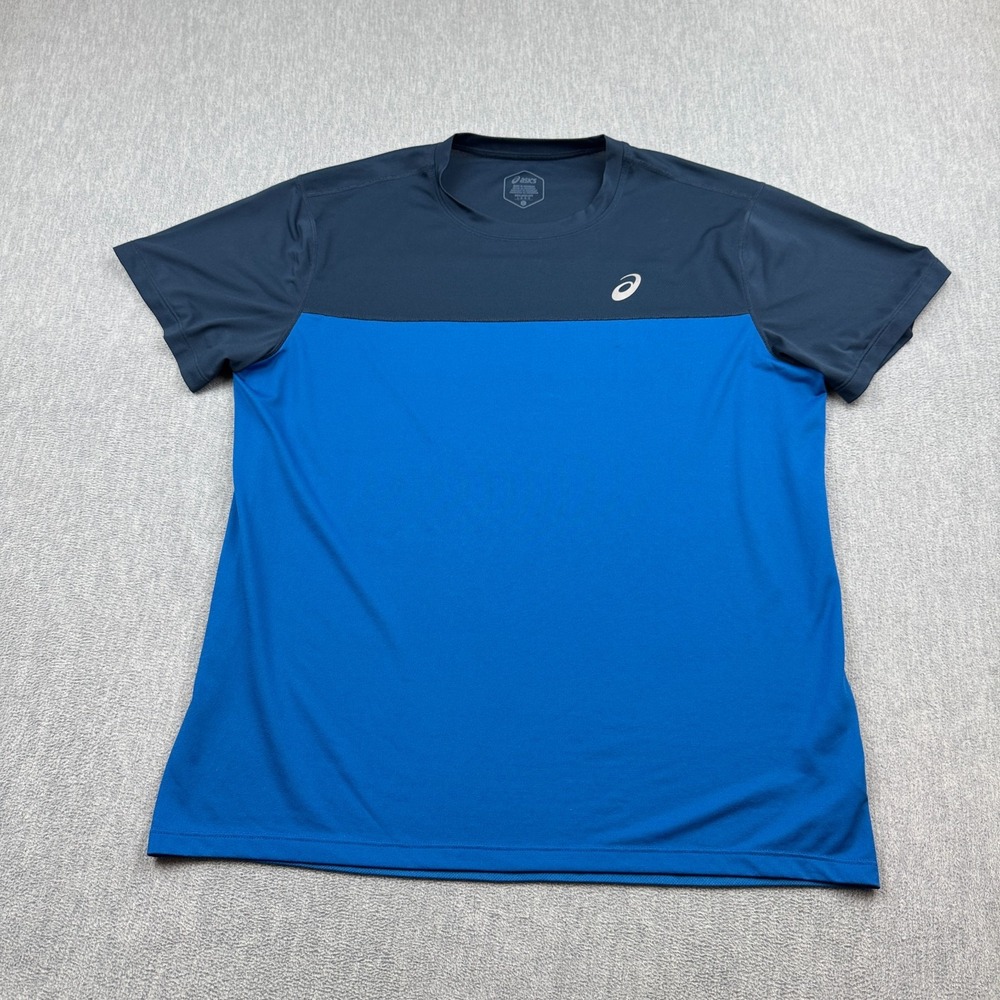 Asics Shirt Men Large Blue Race Short Sleeve Top Activewear Athletic Workout Gym